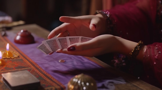 Foto manos de adivinos con cartas de tarot para predecir el futuro manos de astrólogos que leen el futuro y el destino horóscopo y concepto de pronóstico ia generativa