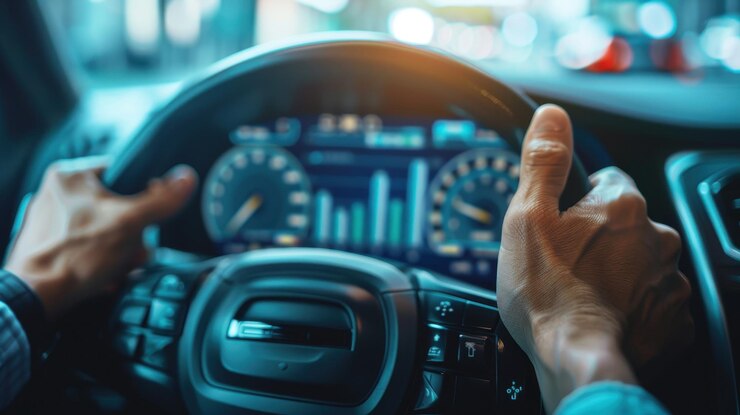 Manos agarrando un volante con un tablero de instrumentos que muestra datos financieros que sugieren control financiero