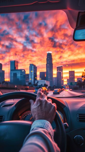 Foto manos agarrando un volante en el tráfico horizonte del atardecer estrés urbano