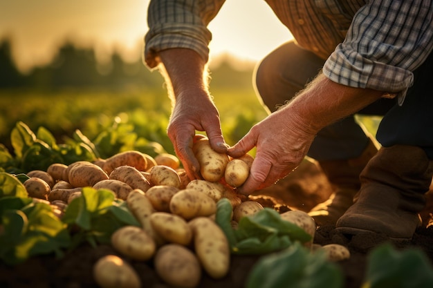 Las manos de un agricultor chequeando las patatas en el campo