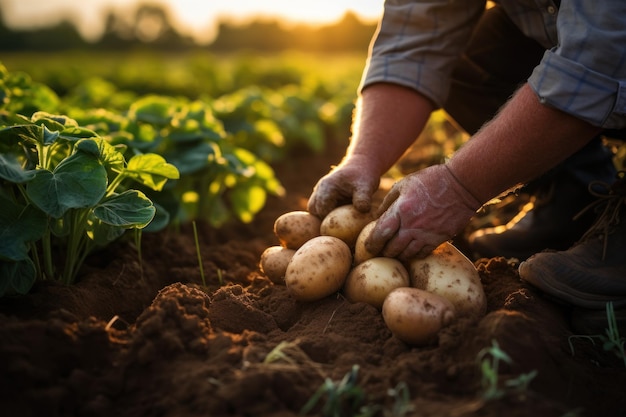 Las manos de un agricultor chequeando las patatas en el campo