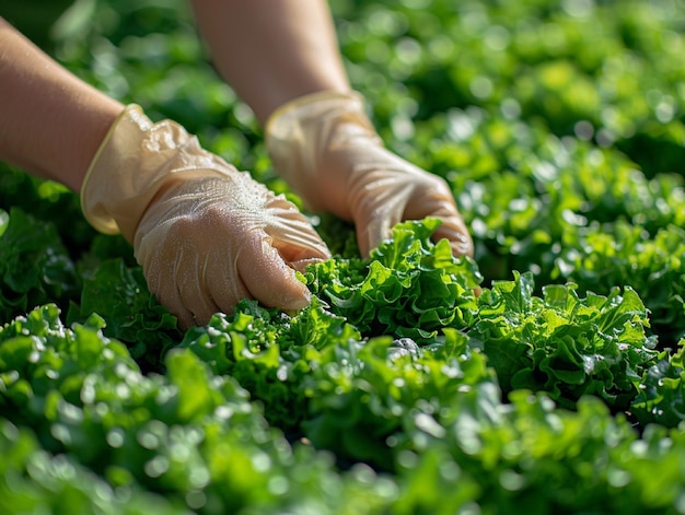 Foto las manos de un agricultor inspeccionando las verduras de lechuga cultivadas en una granja de invernadero hidropónico