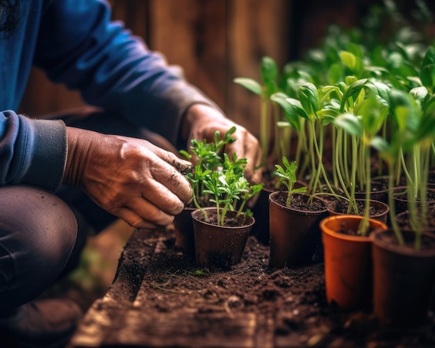 Las manos del agricultor plantan plántulas en un primer plano IA generativa