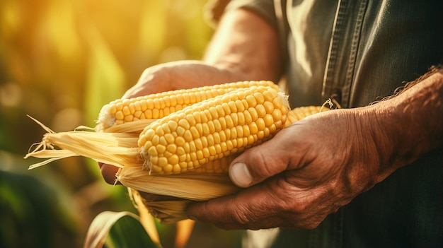 Foto de las manos del agricultor que tiene un concepto de agricultura y cosecha de maíz maduro