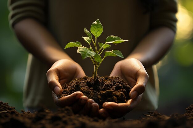 Foto las manos del agricultor sosteniendo la plántula verde en el suelo cuidado del medio ambiente concepto de ecología