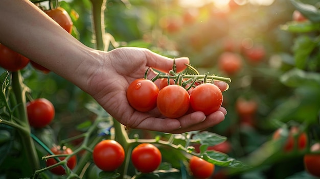 Las manos del agricultor sosteniendo tomates de cereza frescos en un invernadero