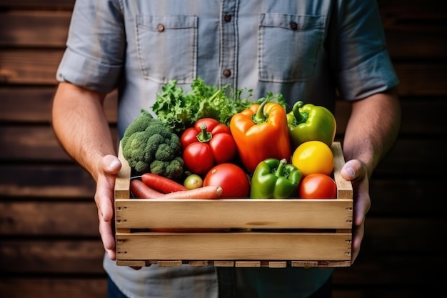 Las manos de un agricultor con su cosecha de verduras de jardín en una caja de madera