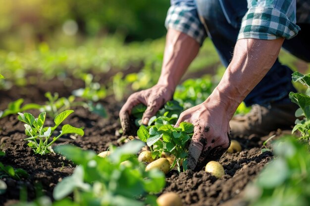 las manos de los agricultores plantando patatas