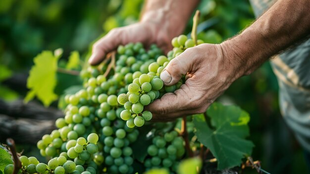 Foto las manos de los agricultores recogiendo uvas