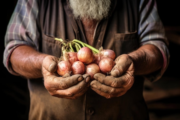 Manos de agricultores sosteniendo un manojo de cebollas cosechadas