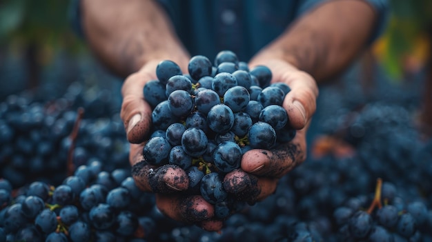 Las manos de los agricultores con uvas recién cosechadas