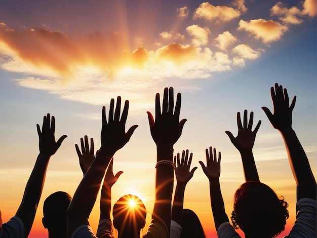 Manos al cielo grupo de personas con las manos en alto mirando la puesta de sol.