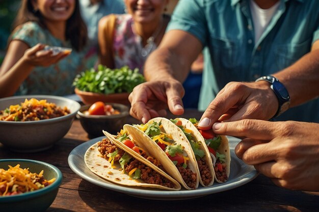 Foto las manos alcanzando un taco en una socia