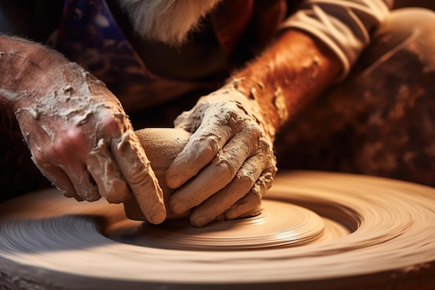 Las manos de los alfareros moldean la arcilla en una rueda de cerámica Artes y artesanías Educación promoción de la artesanía