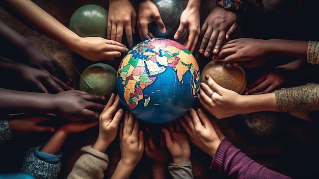 Manos alrededor de un globo terráqueo con la palabra paz