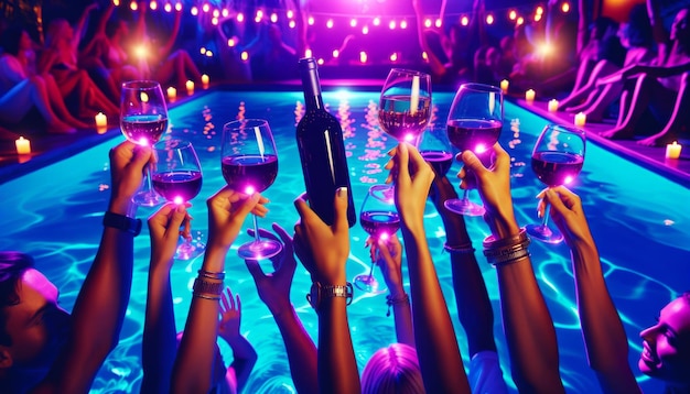 Manos alzadas con vasos de vino y botellas en luces de discoteca púrpura y azul de neón en una fiesta en la piscina