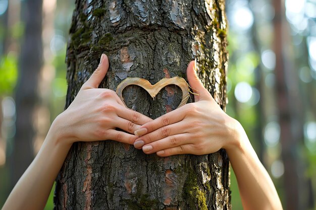 Foto las manos amorosas de la naturaleza forman la forma de un corazón en el árbol