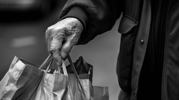 Manos de una anciana con una bolsa en la mano generativa ai