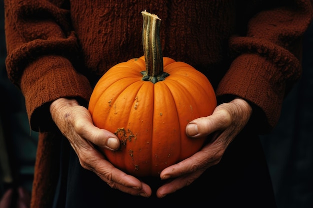 Las manos de la anciana sostienen una calabaza redonda Una bruja con una calabaza