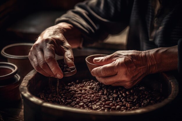 Foto las manos del anciano sostienen café negro esparcido en la bolsa de la mesa con granos en un fondo oscuro