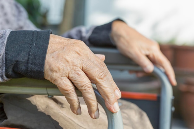 Manos de ancianos en silla de ruedas.