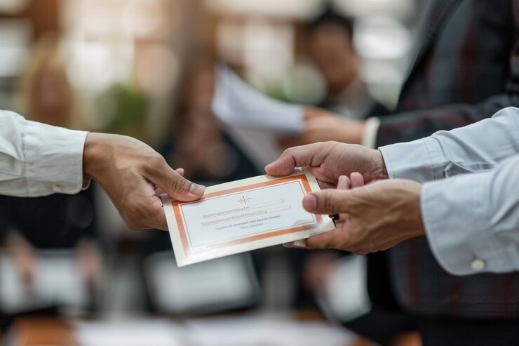 Las manos apretando un certificado de premio en un evento corporativo