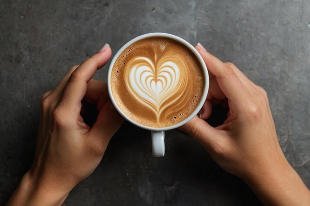 Las manos con el arte del latte del corazón