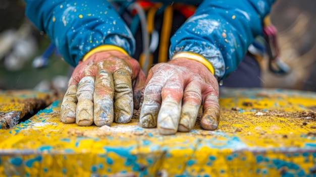 Manos de artesano cubiertas de pintura descansando en un proceso de creación de arte de espacio de trabajo coloreado