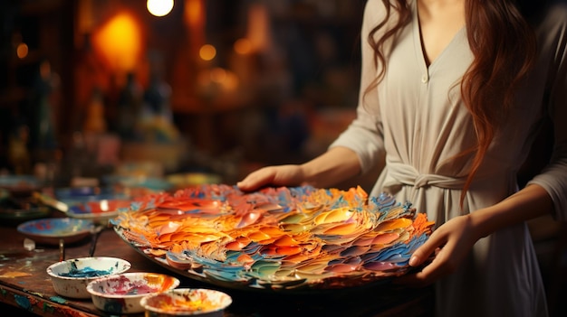 Manos de artista femenina sosteniendo una paleta sucia desordenada con diferentes pinturas y pinceles en el estudio