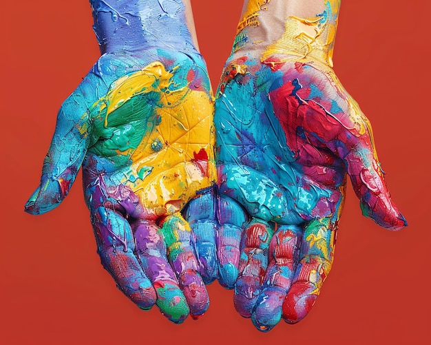 Foto las manos de los artistas cubiertas de pintura multicolor