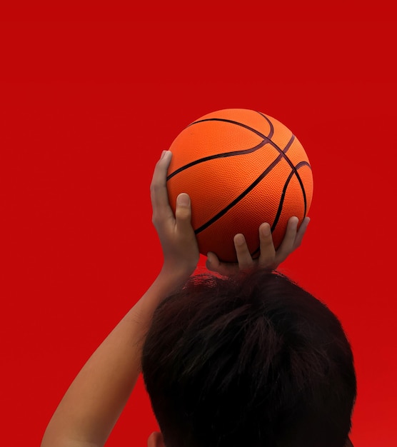 Manos y baloncesto aislado sobre fondo rojo.