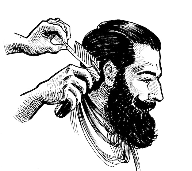 Las manos del barbero y la cabeza del cliente barbudo con tinta de estilo retro dibujo en blanco y negro