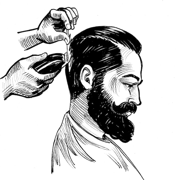Las manos del barbero y la cabeza del cliente barbudo con tinta de estilo retro dibujo en blanco y negro