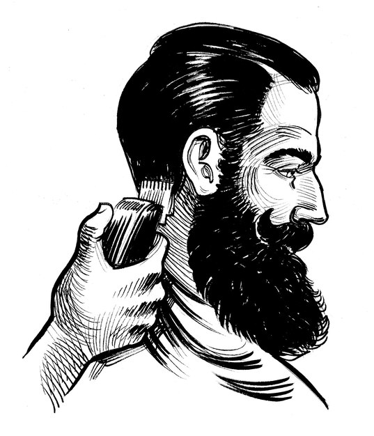 Foto las manos del barbero y la cabeza del cliente barbudo con tinta de estilo retro dibujo en blanco y negro