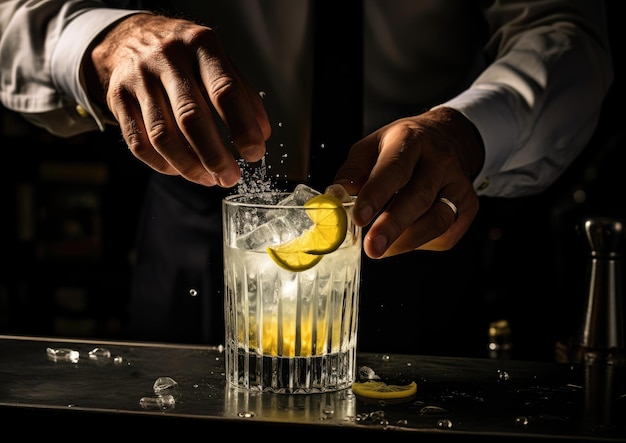 Las manos de un barman revolviendo suavemente un cóctel Tom Collins en un vaso mezclador