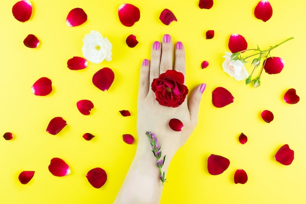 Manos de belleza con flores de maquillaje