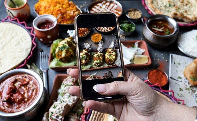 Las manos de un blogger tomando una foto de comida india para compartirla en las redes sociales
