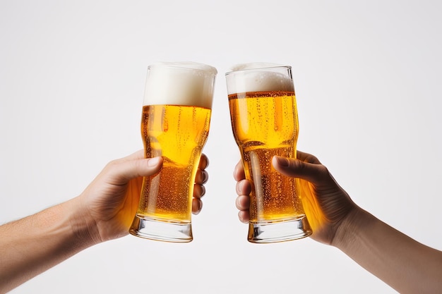 Manos brindando con vasos de cerveza aislado sobre fondo blanco.