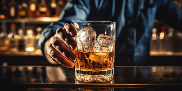 Manos de un camarero en el bar restaurante con whisky de cristal