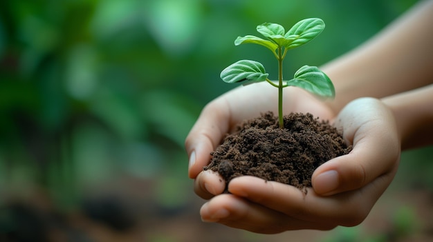 Manos cariñosas que sostienen el suelo y la planta joven