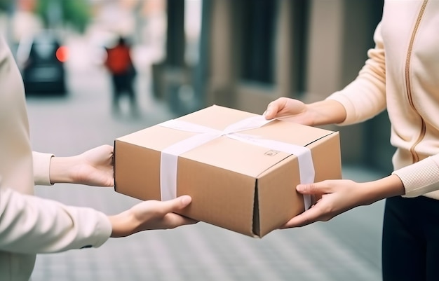 Manos caucásicas aceptando una entrega de cajas imagen fotorrealista generada por la red neuronal