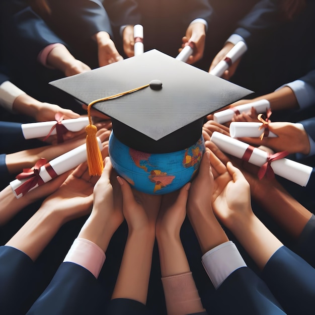 Foto manos de cerca con diplomas y gorra de graduación