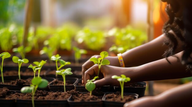 Manos de cerca plantando brotes de plántulas en primavera