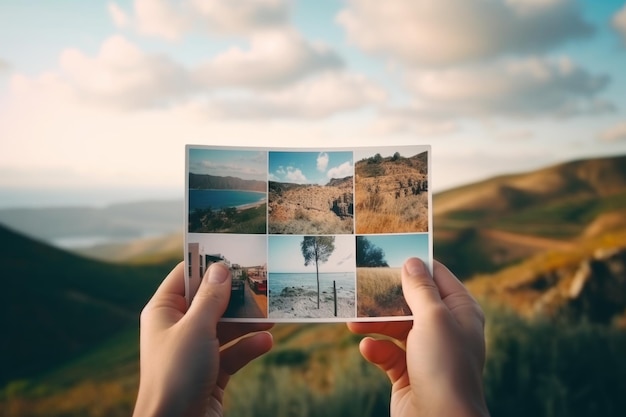 Manos cercanas reconocibles viajero turista hombre con tarjeta postal foto imagen fotografía