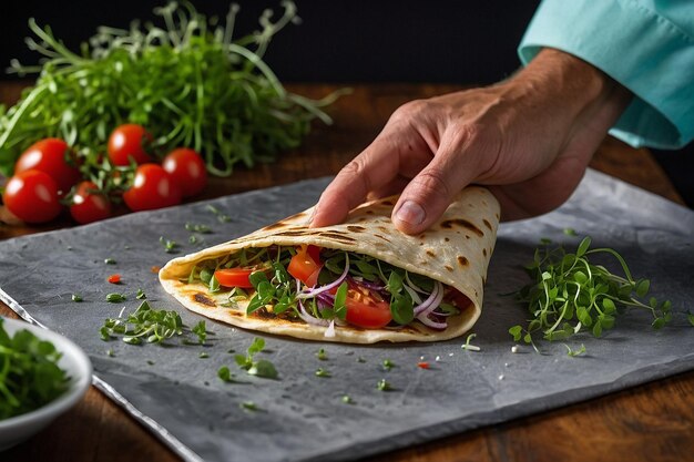 Las manos de un chef adornando un quesadil