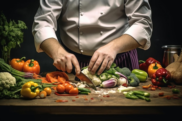 Las manos del chef cortando verduras.