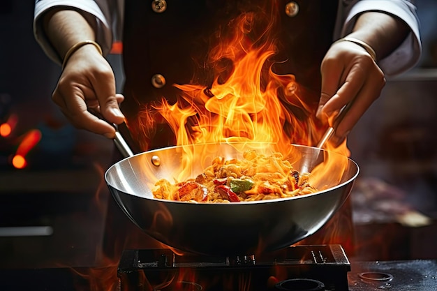 Las manos del chef mantienen el wok con fuego Las manos del chef de primer plano cocinan la comida con fuego El chef quema la comida en la cocina profesional