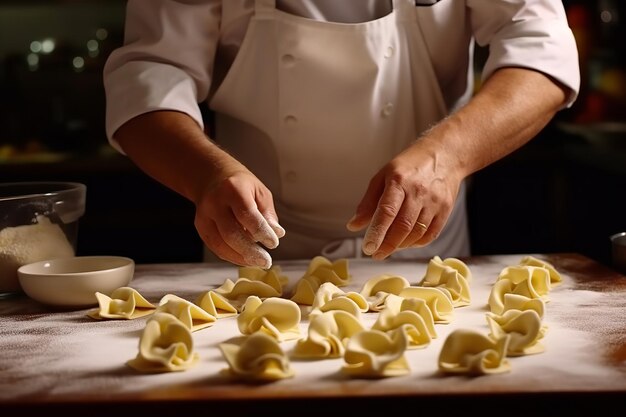 Manos de chefs torciendo pasta fresca en tortell casero