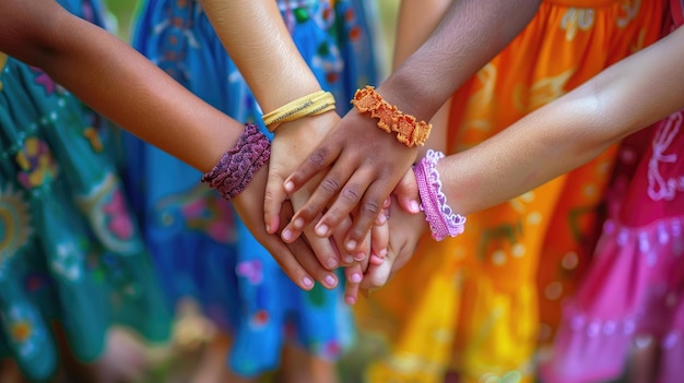 Foto las manos de las chicas con vestidos de colores que se abrazan