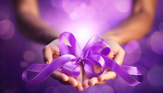 Manos con cintas púrpuras Enfermedad de Alzheimer Cáncer de páncreas